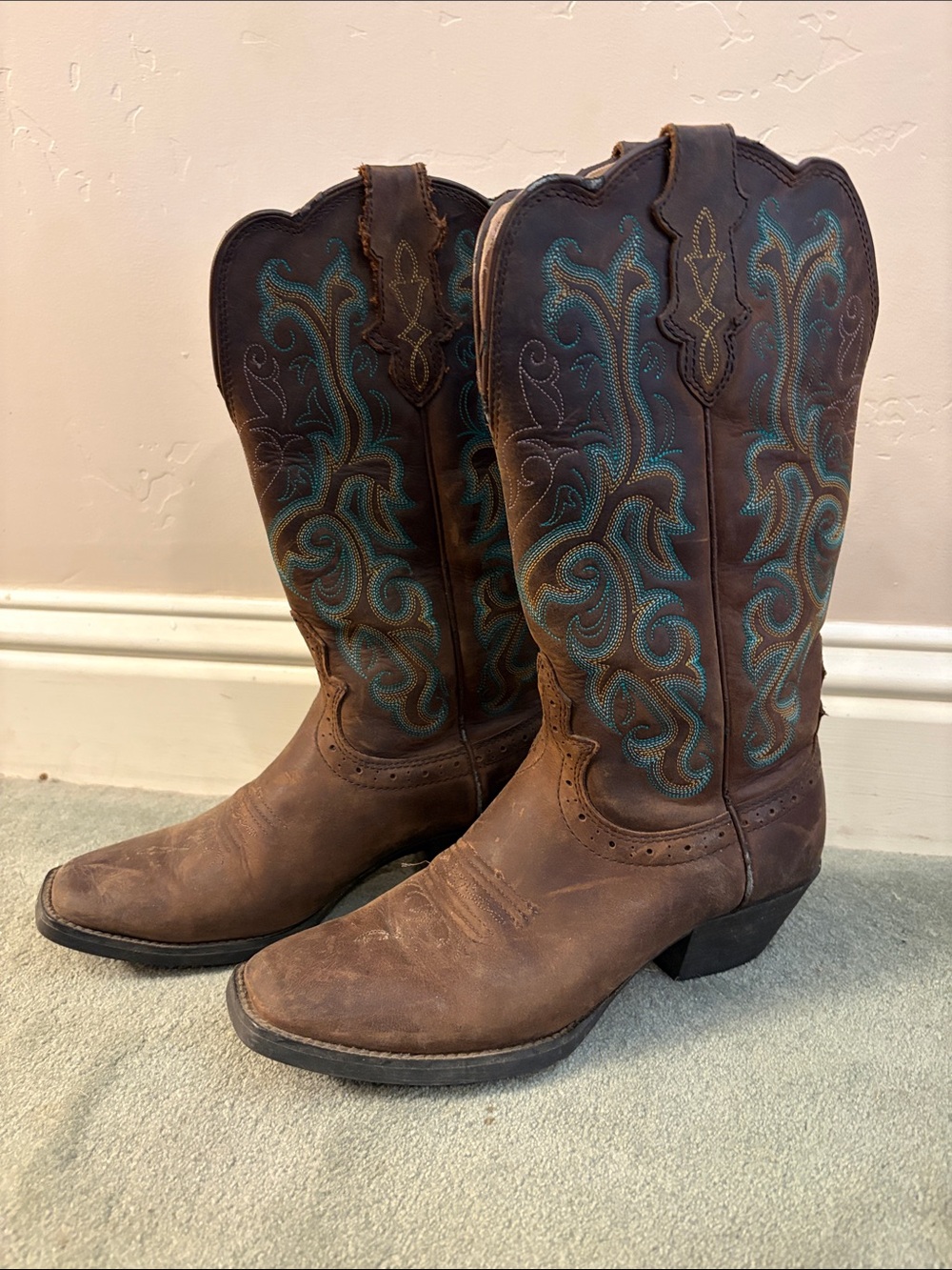 Justin Boots Brown Leather Western Boots with Teal Stitching
